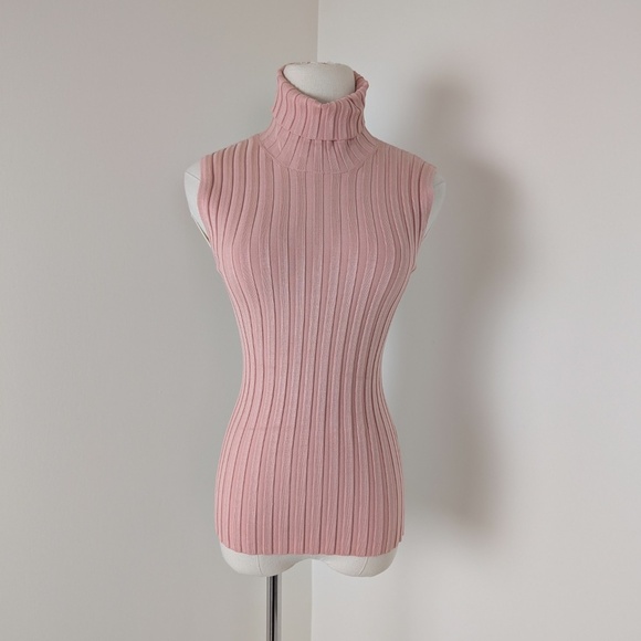 Silk Ribbed Turtleneck Sleeveless Fitted Tight Tank Top Shirt - Picture 2 of 12